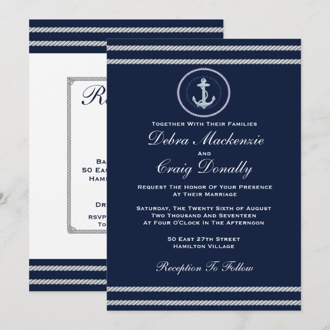 Nautical Anchor, Navy Wedding Invitation (Front/Back)