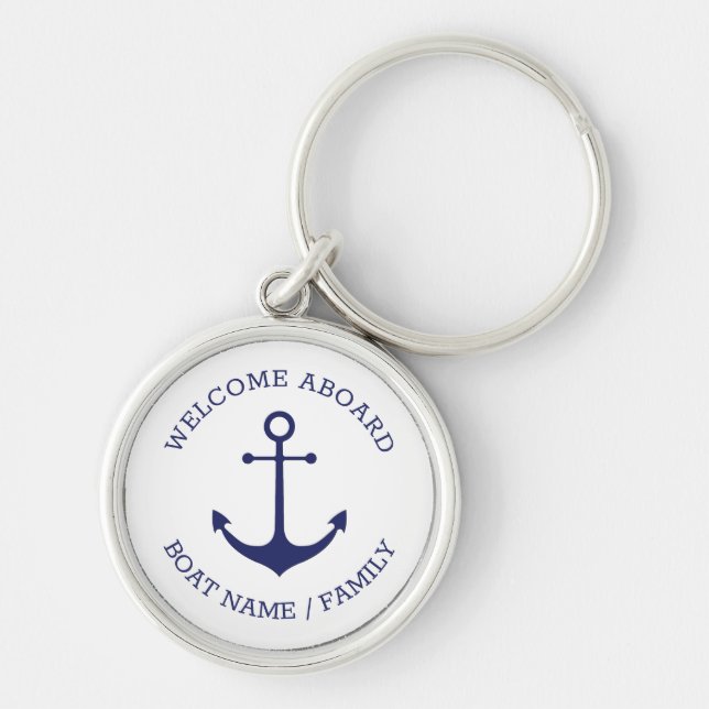 Nautical anchor navy white Custom Welcome Aboard Key Ring (Front)