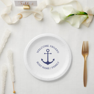 Nautical anchor navy white Custom Welcome Aboard Paper Plate
