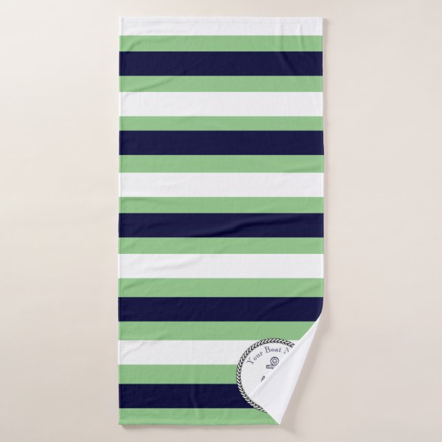Nautical Anchor Navy White Green Stripe Bath Towel (Bath Towel)