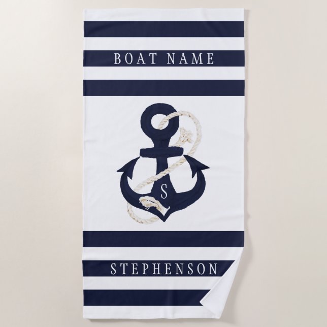 Nautical Anchor Navy White Stripe Monogram Name Beach Towel (Front)