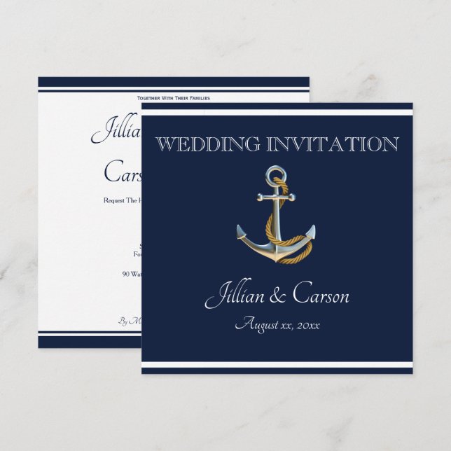 Nautical Anchor - Navy & White Wedding Invitation (Front/Back)