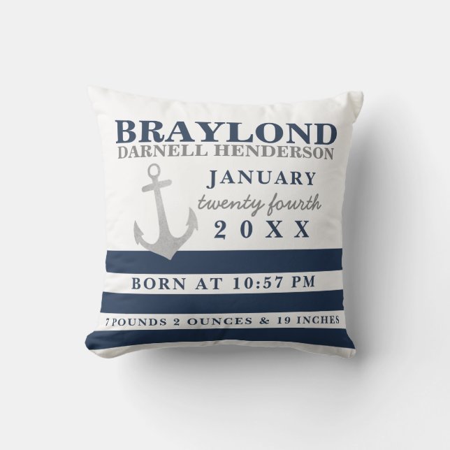 Nautical Anchor Nursery Birth Stats Pillow (Front)