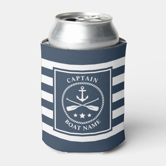 Nautical Anchor Oar Captain Boat Name Blue Stripe Can Cooler (Can Front)