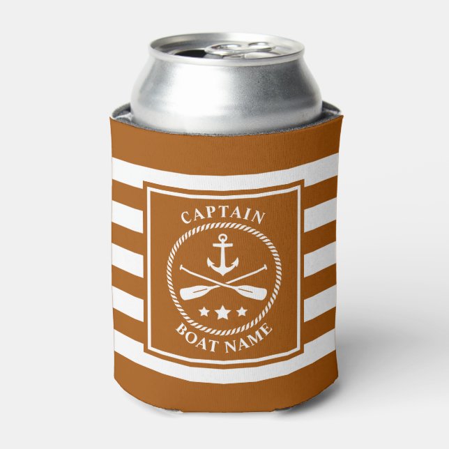 Nautical Anchor Oar Captain Boat Name Rust Stripes Can Cooler (Can Front)