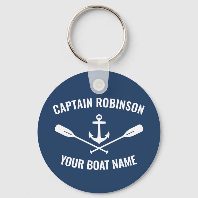 Nautical Anchor Oars Captain and Boat Name Blue Key Ring (Front)