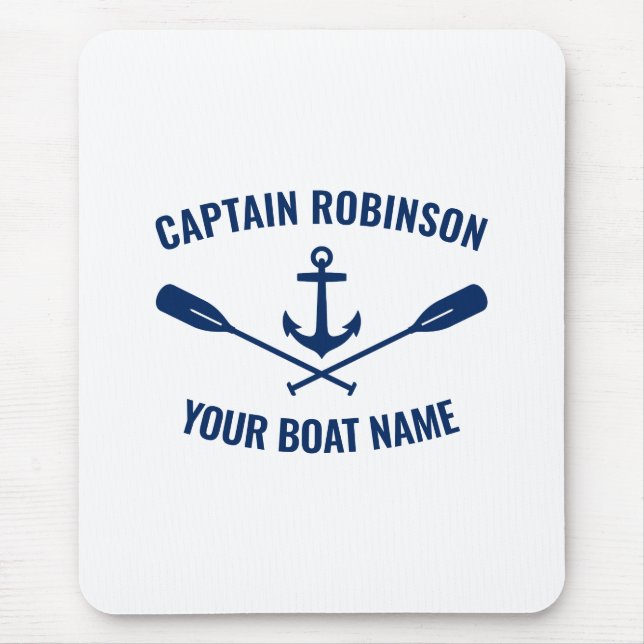 Nautical Anchor Oars Captain and Boat Name Blue Mouse Mat (Front)