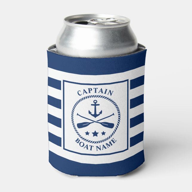 Nautical Anchor Oars Captain Boat Name Navy Stripe Can Cooler (Can Front)
