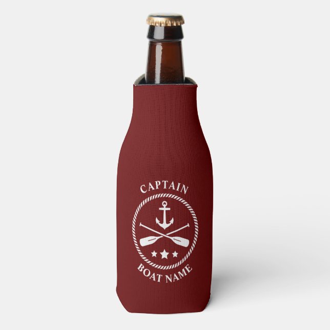 Nautical Anchor Oars Captain Your Boat Name Red Bottle Cooler (Bottle Front)