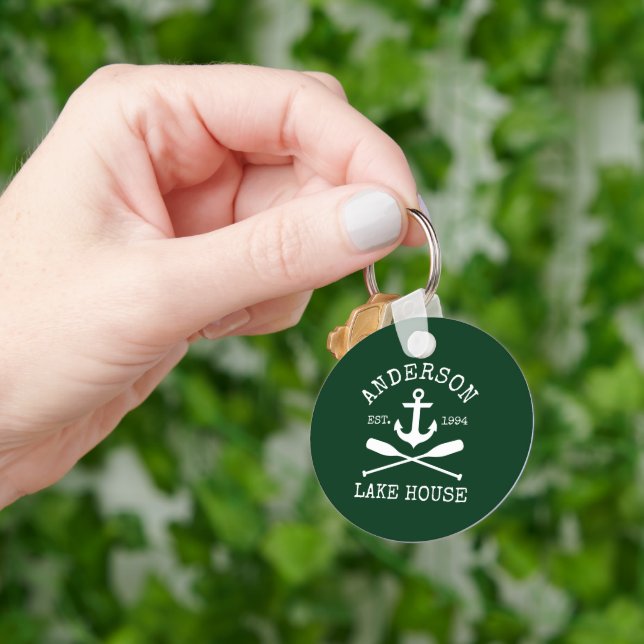 Nautical Anchor Oars Family Lake House Green Key Ring (Hand)
