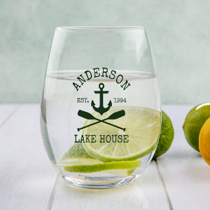 Nautical Anchor Oars Family Lake House Green Stemless Wine Glass