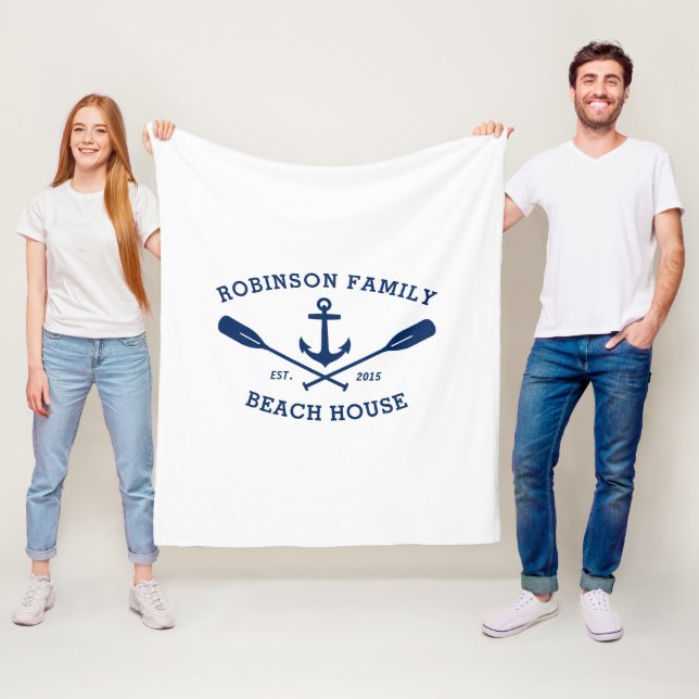 Nautical Anchor Oars Family Name and Beach House Fleece Blanket (In Situ)
