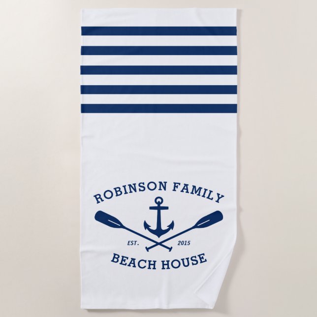 Nautical Anchor Oars Family Name Beach House White Beach Towel (Front)
