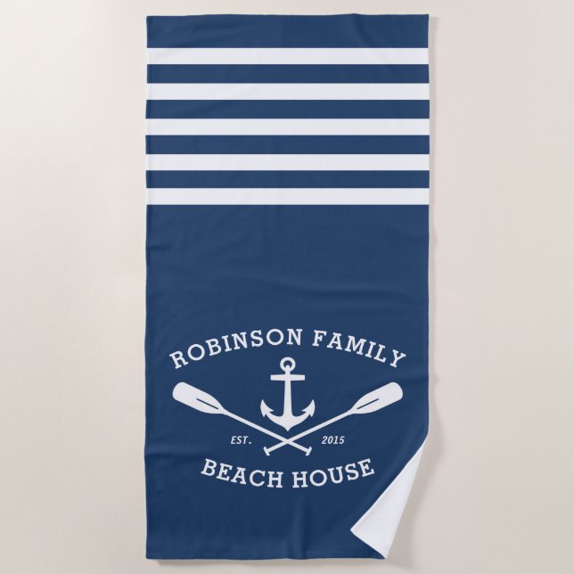 Nautical Anchor Oars Family Name Beach Lake House Beach Towel (Front)