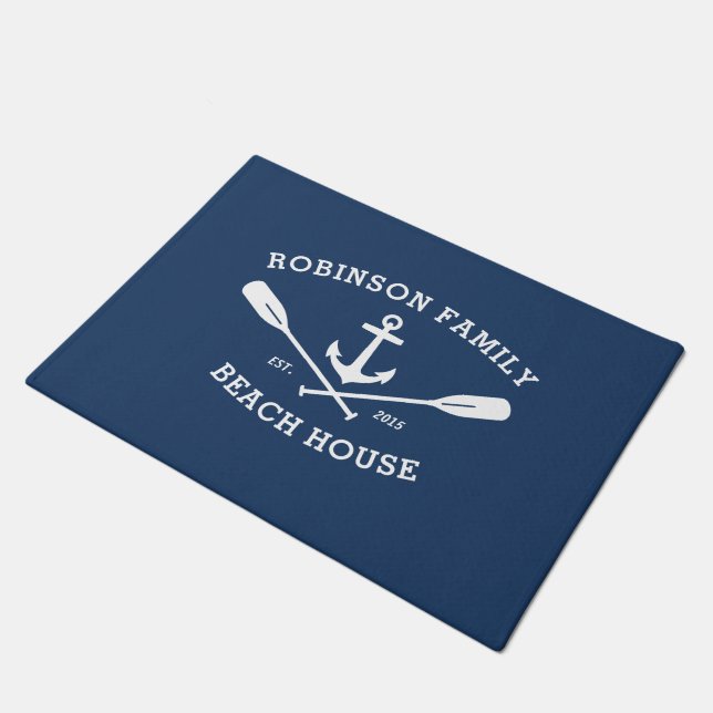 Nautical Anchor Oars Family Name Beach Lake House Doormat (Angled)