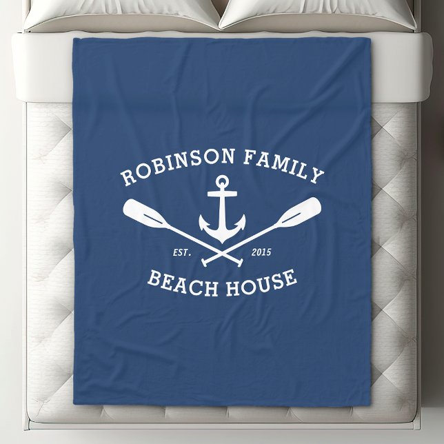 Nautical Anchor Oars Family Name Beach Lake House Fleece Blanket (Edit to easily change the primary color if needed.)