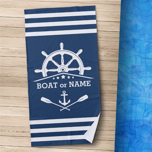Nautical Anchor Oars Helm Your Name Blue & White Beach Towel (Creator Uploaded)