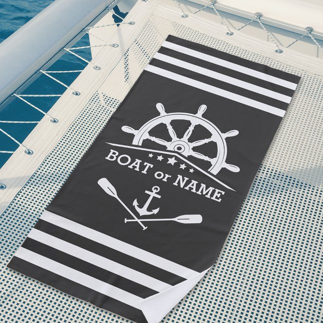 Nautical Anchor Oars Helm Your Name Grey & White Beach Towel (Creator Uploaded)
