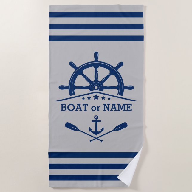 Nautical Anchor Oars Helm Your Name Navy on Grey Beach Towel (Front)