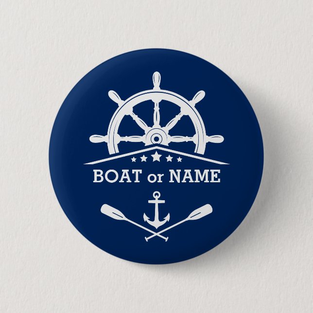 Nautical Anchor Oars Helm Your Name or Boat Navy 6 Cm Round Badge (Front)