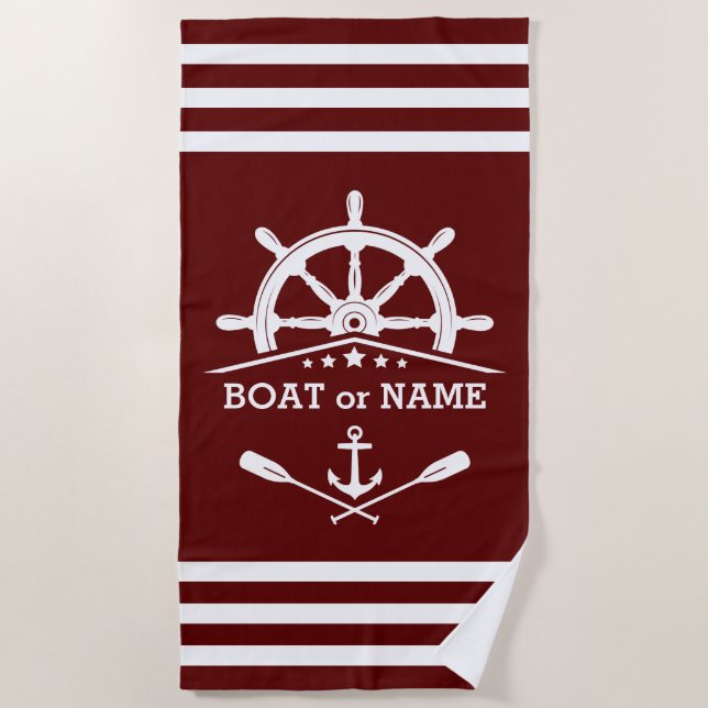 Nautical Anchor Oars Helm Your Name Red & White Beach Towel (Front)