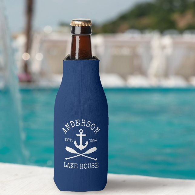 Nautical Anchor Oars Navy Blue Family Lake House Bottle Cooler (Customize to change text size or text style.)