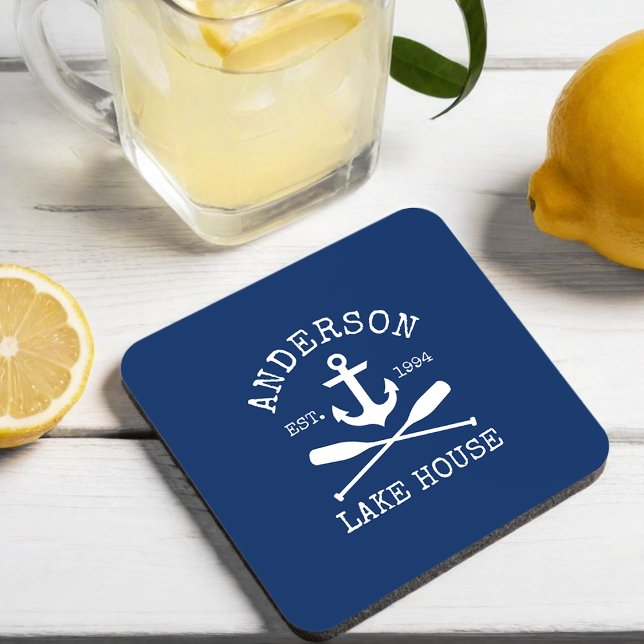 Nautical Anchor Oars Navy Blue Family Lake House Coaster (Customize to change text size, style or background color.)