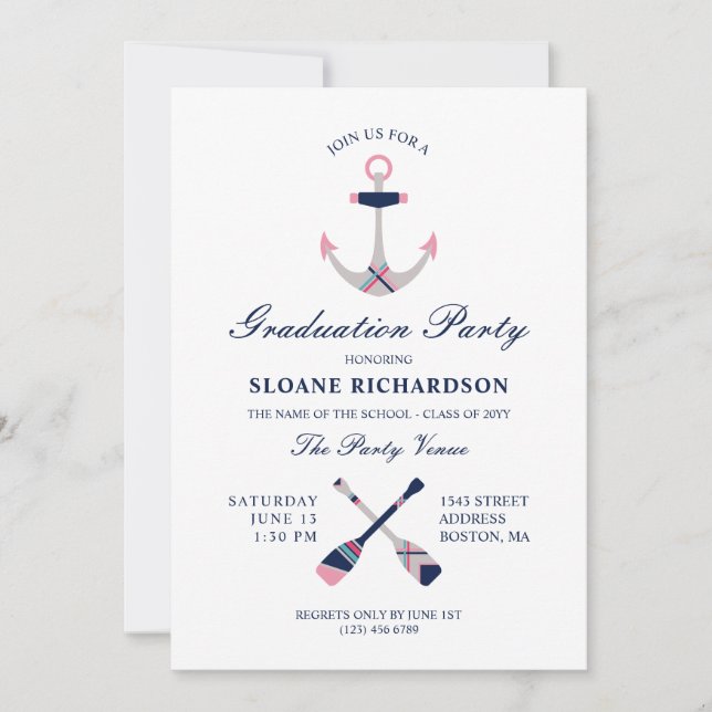 Nautical Anchor & Oars Navy Pink Graduation Party Invitation (Front)
