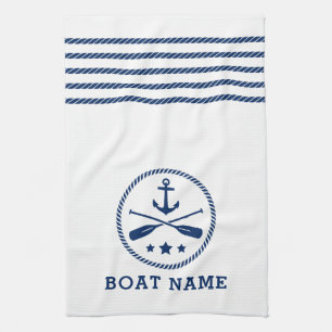 Nautical Anchor Oars Stars Boat Name Blue White Tea Towel