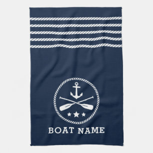 Nautical Anchor Oars Stars Boat Name Sea Blue Tea Towel