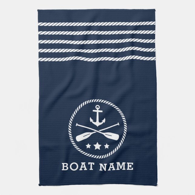 Nautical Anchor Oars Stars Boat Name Sea Blue Tea Towel (Vertical)