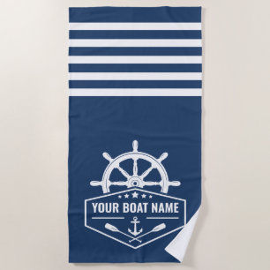 Nautical Anchor Oars Wheel Your Name Blue & White Beach Towel