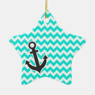 Nautical Anchor on Aqua Colour Chevron Ceramic Tree Decoration