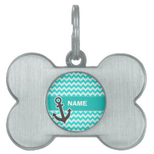 Nautical Anchor on Aqua Colour Chevron Pet ID Tag