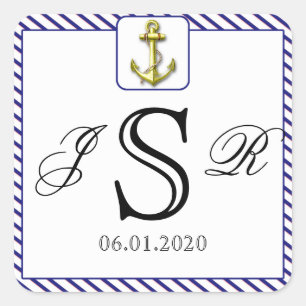Nautical Anchor on Blue Stripe Wedding Monogram Square Sticker