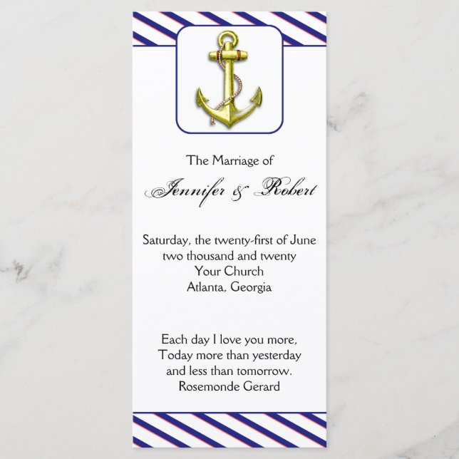 Nautical Anchor on Blue Stripe Wedding Program Programme (Front)