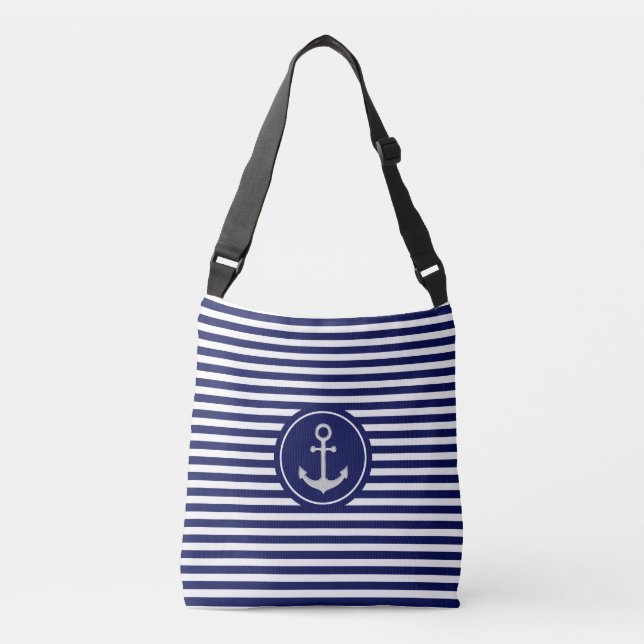 Nautical Anchor on Blue & White Striped Crossbody Bag (Front)