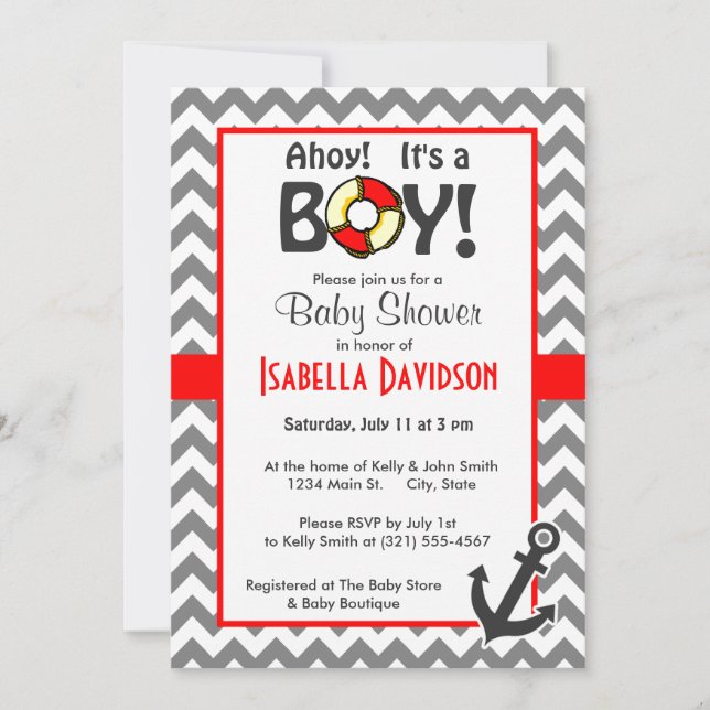 Nautical Anchor on Dark Grey Chevron Invitation (Front)