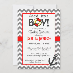 Nautical Anchor on Dark Grey Chevron Invitation