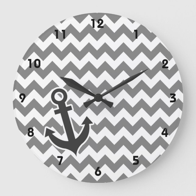 Nautical Anchor on Dark Grey Chevron Large Clock (Front)