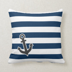 Nautical Anchor on Dark Midnight Blue Stripes Cushion
