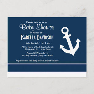 Nautical Anchor on Dark Midnight Blue Stripes Invitation Postcard