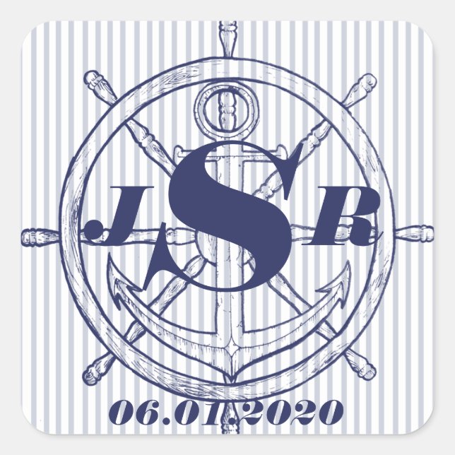 Nautical Anchor on Grey Stripe Monogram Sticker (Front)