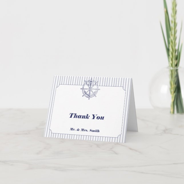 Nautical Anchor on Grey Stripe Thank You Card (Front)
