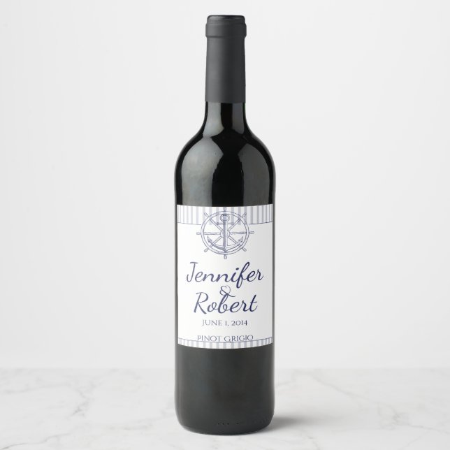 Nautical Anchor on Grey Stripe Wine Label (Front)