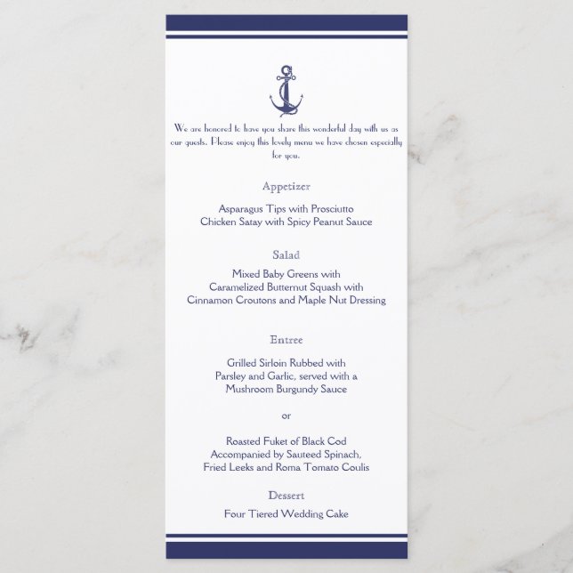 Nautical Anchor on Navy Wedding Menu (Front)