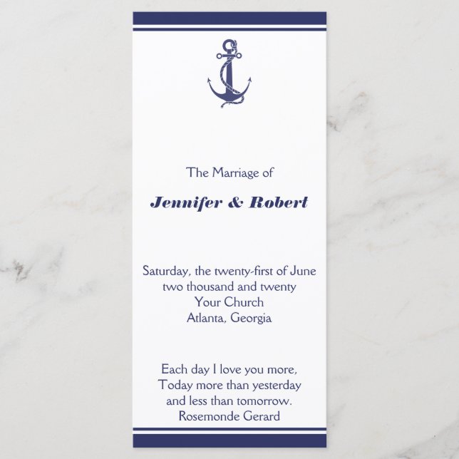 Nautical Anchor on Navy Wedding Program Programme (Front)