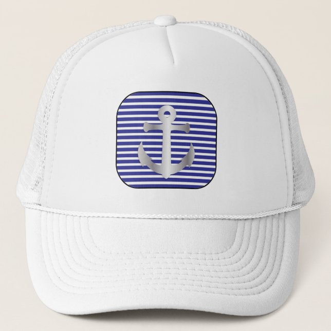 Nautical Anchor on Silver and blue Black frame Trucker Hat (Front)