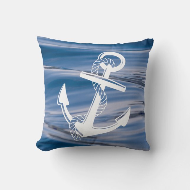 Nautical Anchor on Water Beach Throw Pillow (Front)