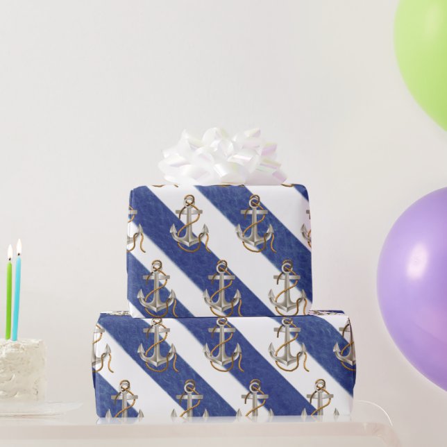 Nautical Anchor On Watercolor Stripes Wrapping Paper (Party Gifts)